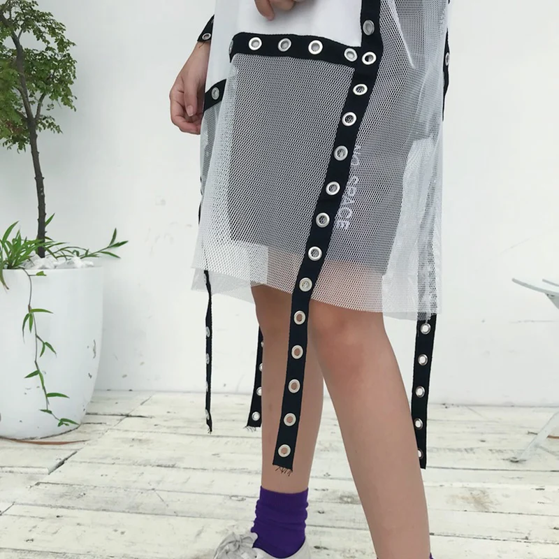 GALCAUR Ribbons Patchwork T-shirts For Women Hooded Short Sleeve Mesh Women's Tops Ocersized 2020 Streetwear Style New | Женская