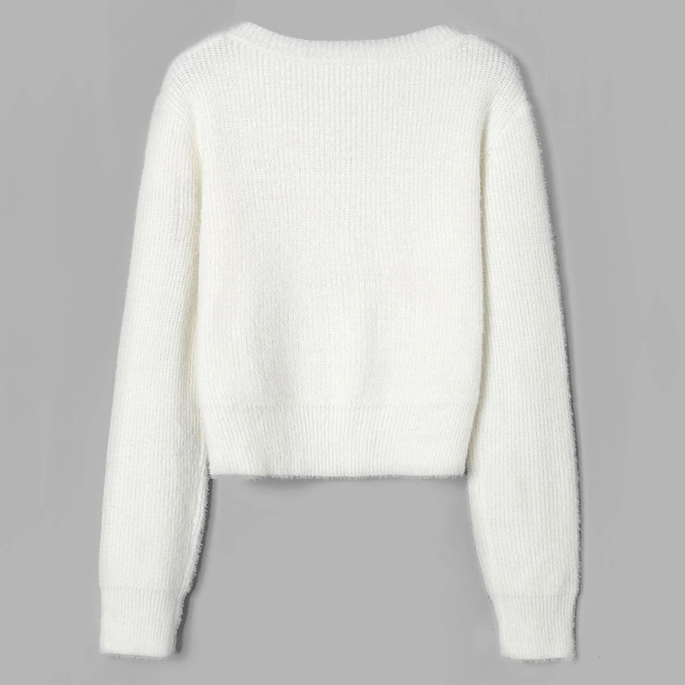 Фото ZAFUL Fuzzy V Neck Fluffy Knit Sweater Autumn Winter Soft Warm Short Women Elastic Knitted Pullovers New Crop Sweaters Женская одежда ZAFUL Fuzzy V Neck Fluffy Knit Sweater Autumn Winter Soft Warm Short Women Elastic Knitted Pullovers New Crop Sweaters Женская одежда