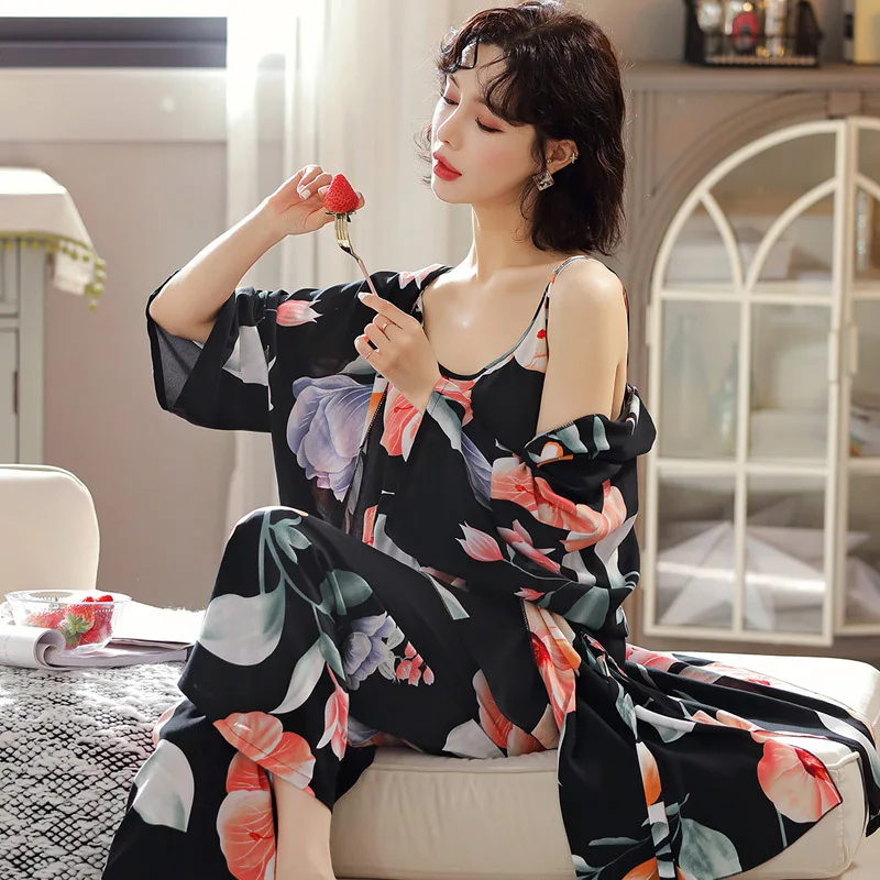 

Spring Summer 2021 New Viscose 3 Pieces Women's Pajamas Set Trousers Ladies Pajamas Suit Long Pajamas Sleepwear Set Homewear Pjs