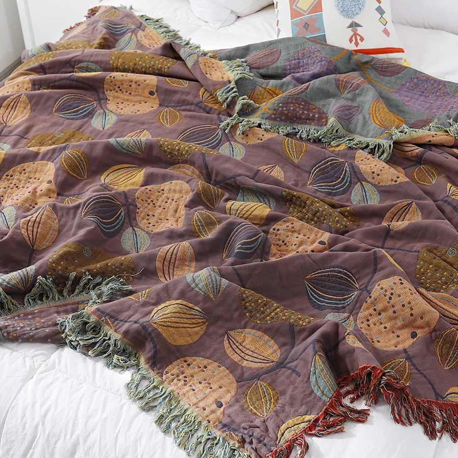 

100% Cotton Gauze Bed Sofa Cover Chic Tassel Multifunction Travel Breathable Throw Blanket Fruit tassel Muslin Summer Blanket