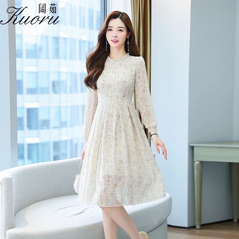 

Chiffon Long Sleeve Women Dress Autumn Vestido Bodycon Midi Vestiti Donna Eleganti Sukienka W Kwiaty Vestidos De Mujer Casual