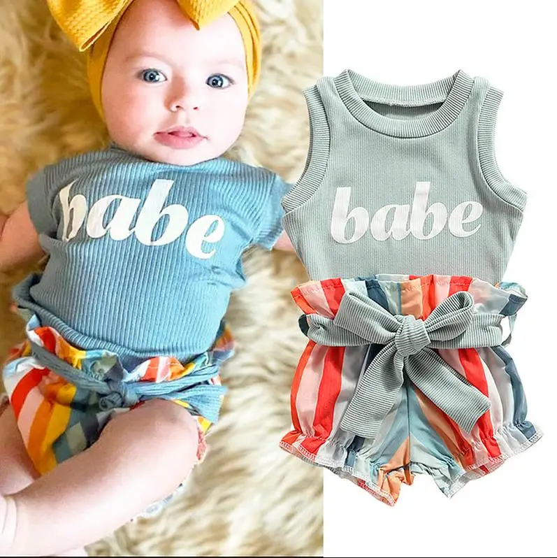 

2021 Baby Girls Summer Clothes Set Sleeveless Tank Bow Belt Vertical Stripes Rainbow Pattern Shorts Summer Clothing Set 0-24M