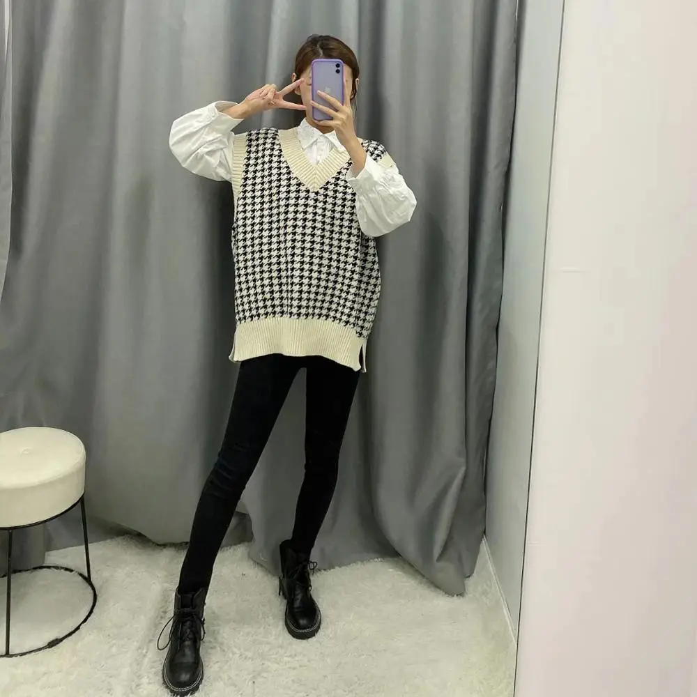 flocking england vintage plaid houndstooth sleeveless v-neck loose vest sweaters women pull femme pullovers tops | Женская одежда