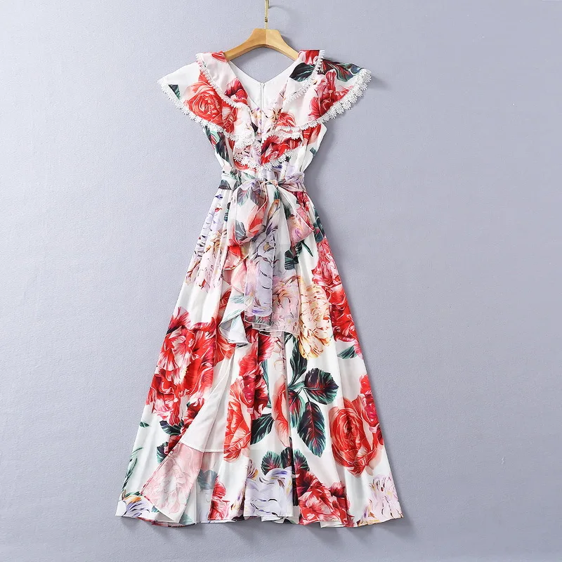

European and American women's clothing 2021 New Style for Spring Lace flounce V-neck floral print lace-up Fashion dress