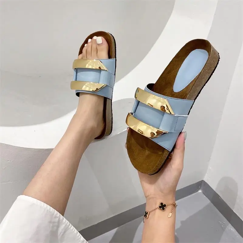 

New Brand Design Metal Plate Women's Slippers Mul Feet Open-Toed Slippers Round Toe Low-Heel Casual Slippers Slippers