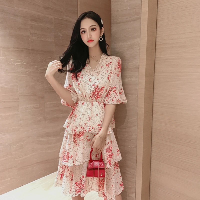 Vintage Women A-line White Dress Lace Up Printed Elastic Waist Female Chiffon Cascaded Ruffle Midi 2020 Summer Vestidos | Женская одежда