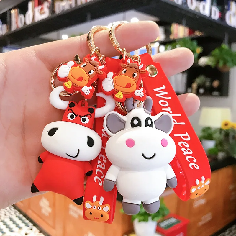 

2021 New Dairy Cow Keychain Cartoon Happy Key Chain Women Ladies Bag Pendant Accessories Keyring Student Kids Gift
