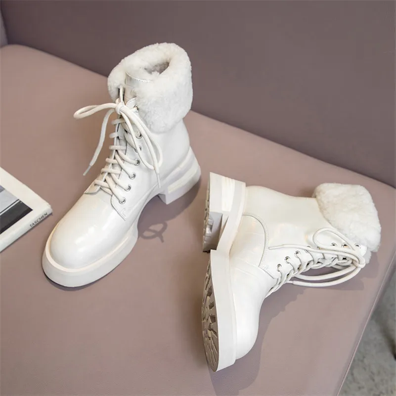 

Meotina Motorcycle Boots Woman Genuine Leather Med Heel Ankle Boots Platform Thick Heel Short Boots Lace Up Ladies Shoes Beige