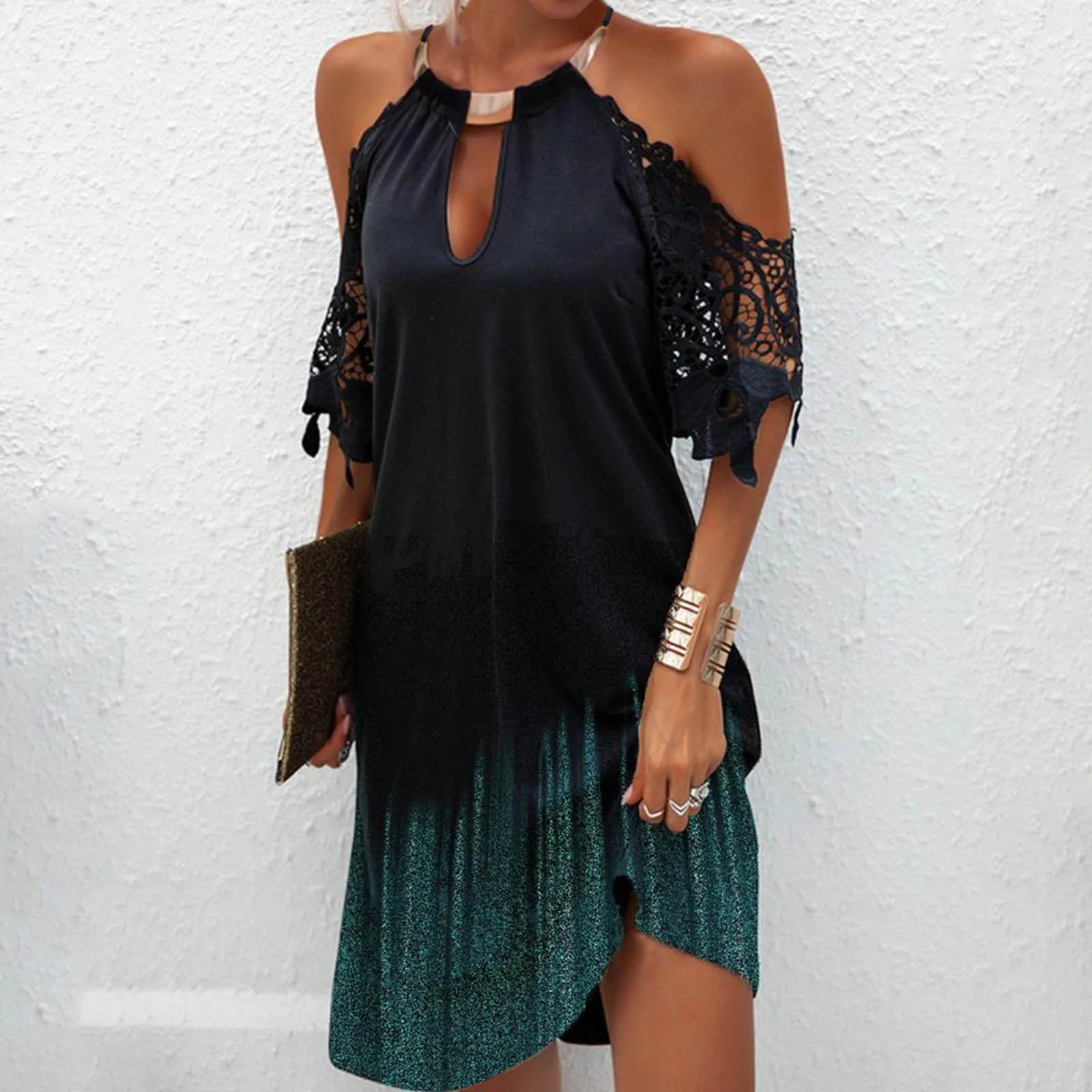 Мини платье женское кружевное с коротким рукавом и вырезом лодочкой|Женские