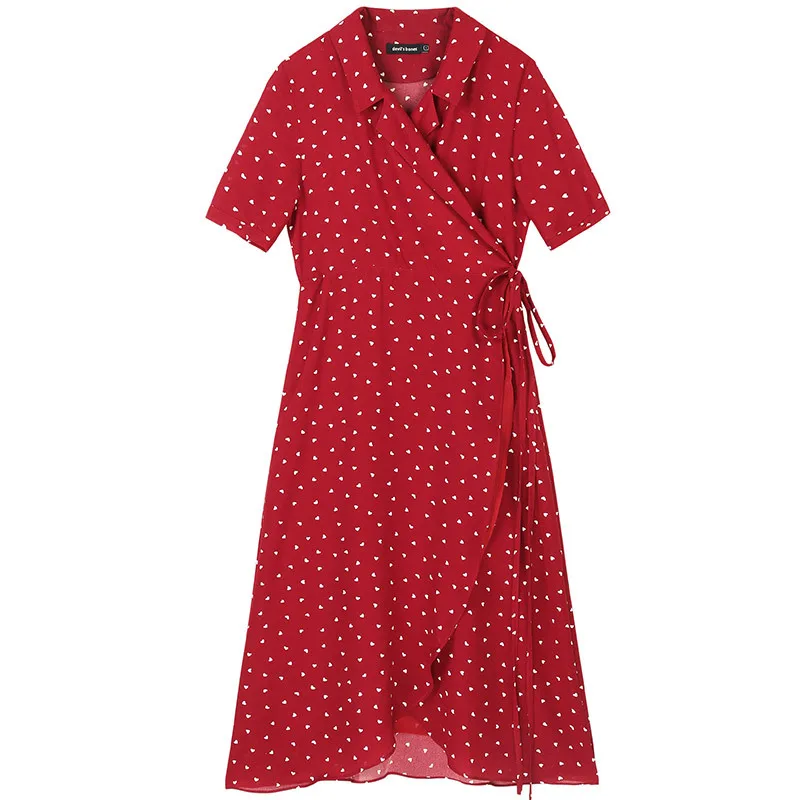

Summer office lady french dot dress notched short sleeve lace up tunic vintage dresses Women irregular vestidos female