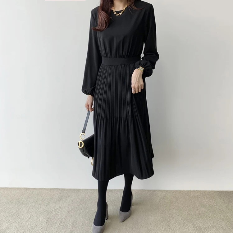 

Woman Elegant Long Pleated Dress Long Sleeve O-neck High Waist Slim n Style Vintage Office Lady Vestidos Party Dresses
