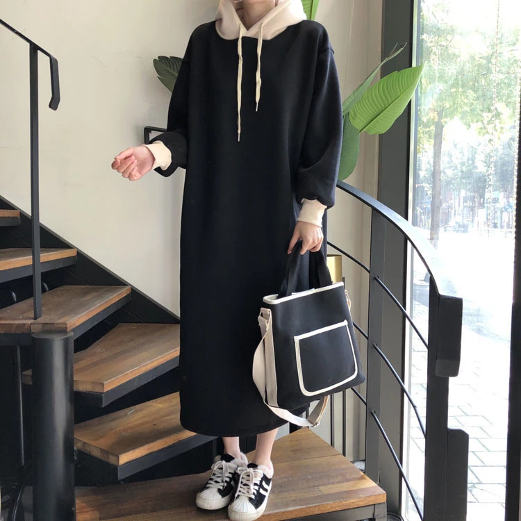 Женское длинное платье с капюшоном повседневное асимметричное теплое большого