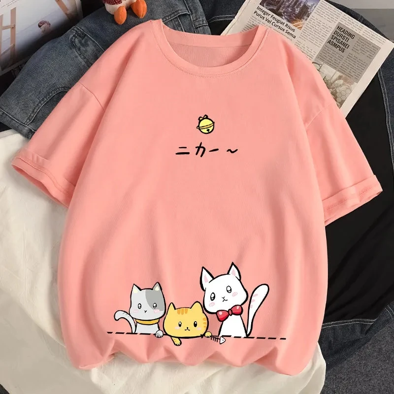 

Harajuku Anime y2k Tops Cotton Loose Oversized O Neck Summer Clothing Female Short Sleeved Kawaii Space Cat Printing T-shirt Top