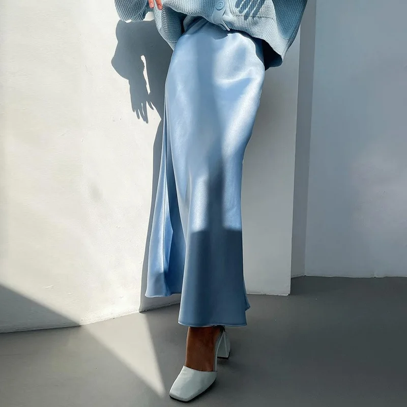 

Silk Women Skirt Soft Trumpet 2021 Fashion Summer High Waist Solid Party Casual Satin Female Skirts Office Lady Skirts