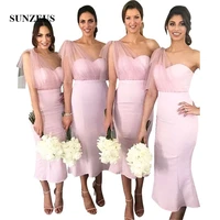 sheath tea length pink satin bridesmaids dresses 2019 elegant tulle one shoulder wedding party gowns women