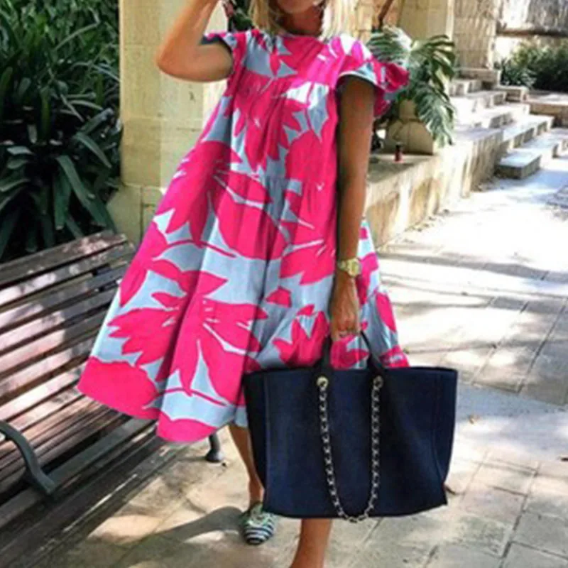 

Fahion Women Petal Short Sleeve Party Dress Summer O-Neck Knee-Length A-Line Dresses Ladies Solid Loose Beach Dresses Vestidos