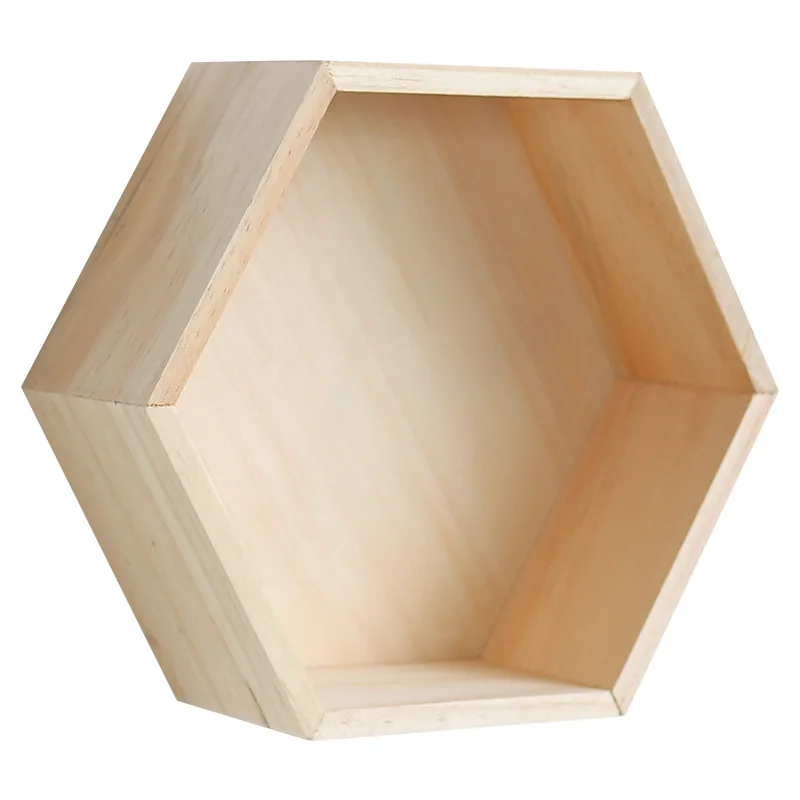 

Nordic Style Wooden Decor Wall Mount Hexagonal Frame Books Toys Flower Pot Storage Shelf Holder Figurines Display Crafts Shelves