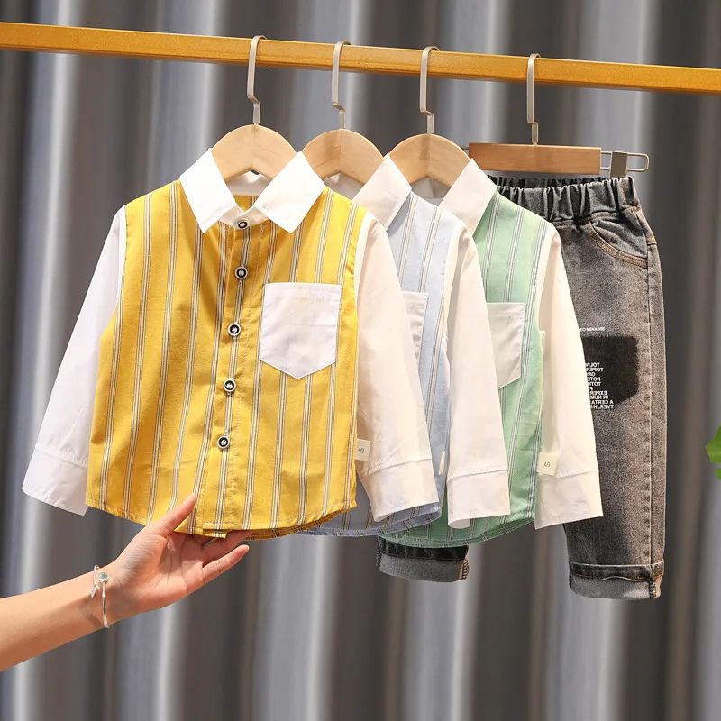 

Infant Toddler Baby Clothes for Girls Boys Patchwork Shirt Set Cotton Long Sleeve 1-5 Years Spring Autumn Kids Clothing