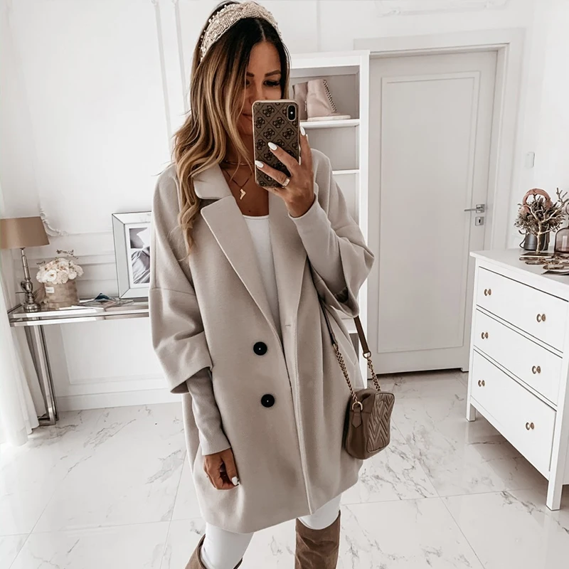 

Women Spring Autumn Loose Woolen Blends Coats Casual Three Quarter Sleeve Single Breasted Coat Outwear Loose 2XL Long Overcoats