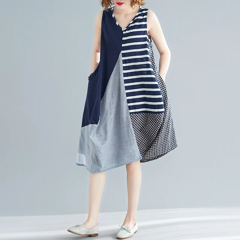 

#3223 Spliced Color Plaid Women Tank Top Dresses Knee Length Vintage Loose Asymmetrical Dress Sleeveless Cotton Linen V-Neck