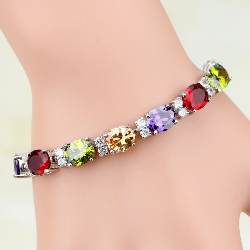 

2016 New Oval Red Purple White CZ 925 Sterling Silver Jewelry Charm Bracelet Christmas Gift For Women S037