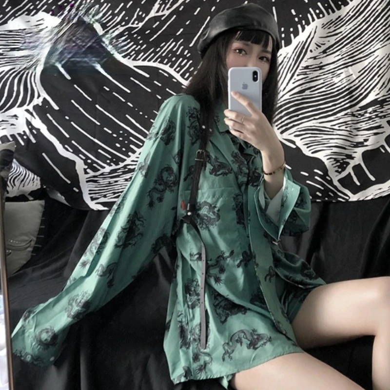 

Harajuku Dragon Print Blouse Autumn Women Long Sleeve Turn-Down Collar Loose Gothic Shirt Punk Streetwear Female Tops Shirt