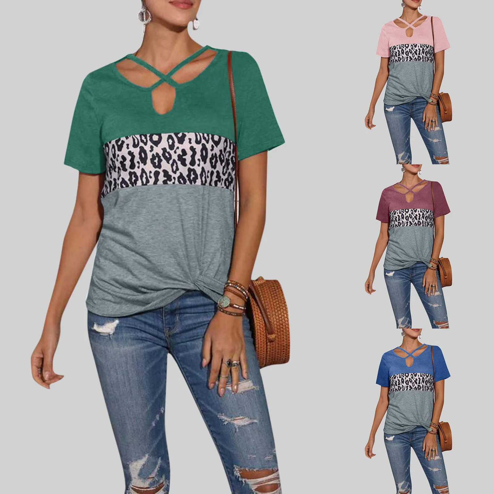 Леопардовый блузка Новинка для женщин размера плюс повседневные с перекрёстной
