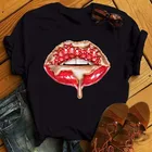 Maycaur футболка с алмазным рисунком помады, модная кавайная футболка с графическим рисунком, женские губы, макияж, искусство, Летние черные топы, женские милые футболки