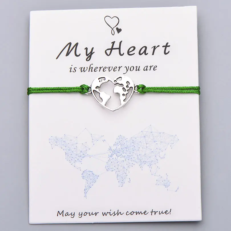 dark green with card Pipitree Lucky My Heart карта мира браслет ручной работы регулируемая красная струна Очаровательные Браслеты Wish ювелирные изделия подарок для женщин мужчин влюбленных - Окраска металла: dark green with card