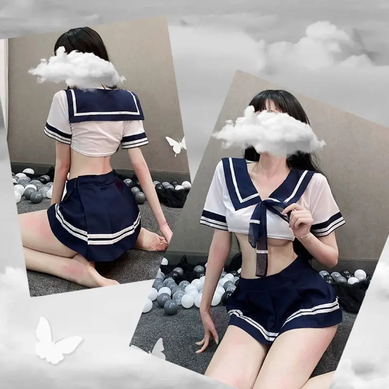 

Sexy Cosplay School Girl Lingerie Uniform Crop Top Skater Skirt Sailor Nightwear Q6PB