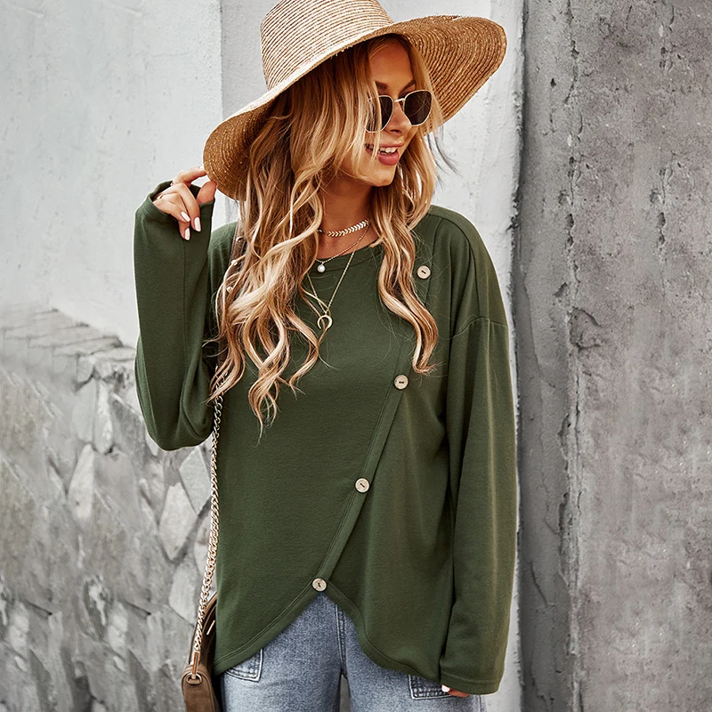 

Spring Women Solid Button T-shirt New Round Neck Tops Fashion Loose Plus Size Lady Long-sleeved Casual Pullover Free Shipping