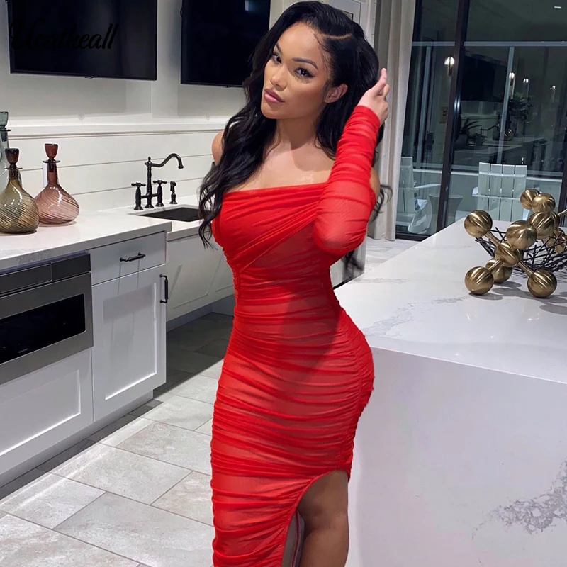 Женское Сетчатое платье с разрезом Бандажное на одно плечо длинным рукавом