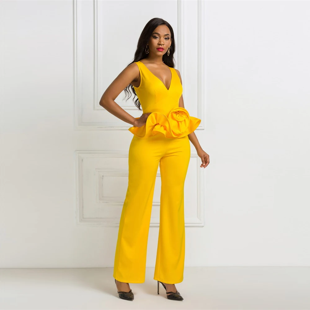 Желтый сексуальный комбинезон с глубоким v образным вырезом и цветочными