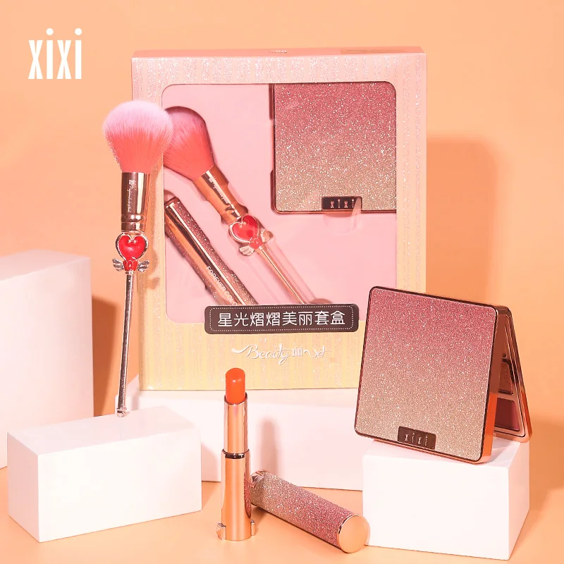 Brilliant Starlight Beautiful Makeup Gift Box Matte Eyeshadow Change color Lipstick Loose Powder Brush 3 in 1 Natural Cosmetics | Красота и