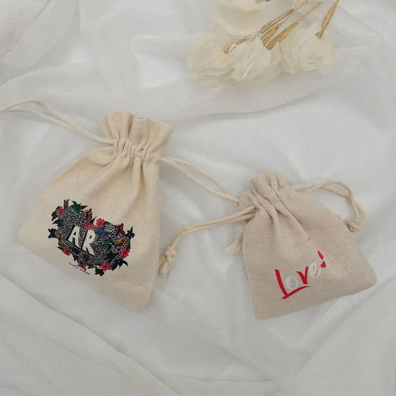 50 100pcs Customized Colorful Logo Natural Cotton Linen Big Gift Bags 17*23CM 20*30CM  Sack Makeup Jewelry Drawstring Pouches