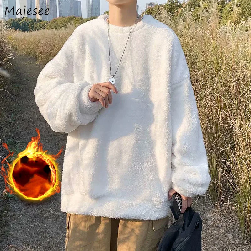 

Pullovers Men Plus Velvet Plush Sweaters Male Solid Warm Soft Couples O-neck Jumpers Fashion All-match Streetwear Oversize M-3XL