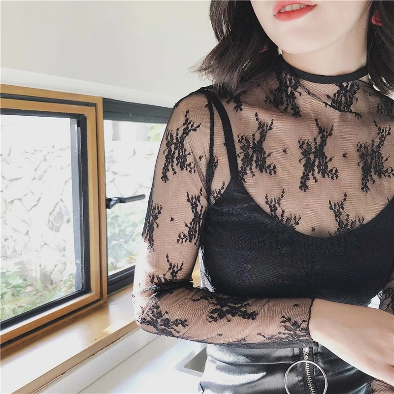 

2021 summer new women's Lace Embroidery Shirt women's solid color top bottom sexy mesh shirt transparent elegant transparent shi