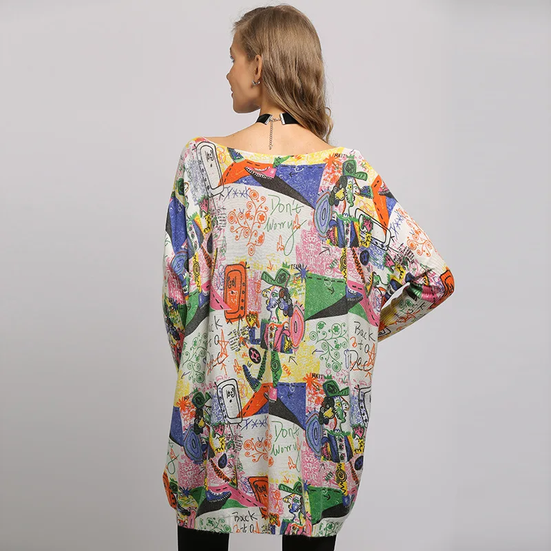 Женское платье-свитер с принтом граффити длинные пуловеры рукавами летучая мышь