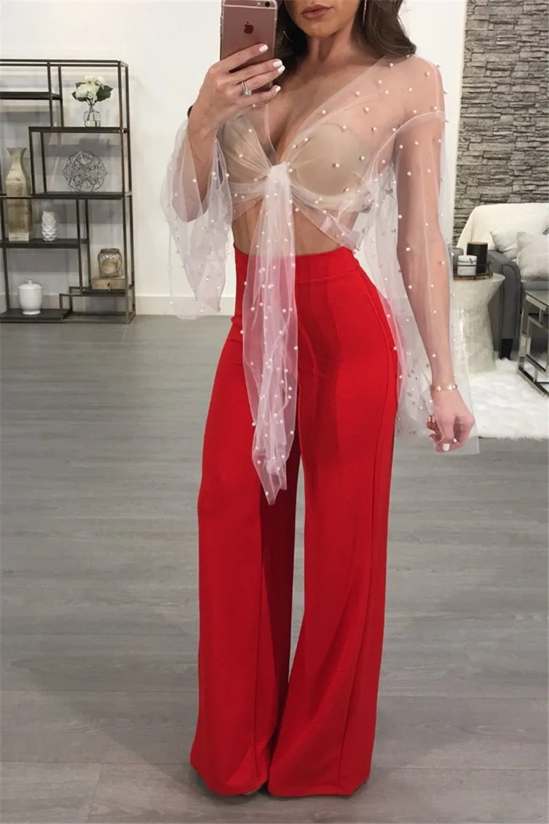 Black White Long Sleeve Sheer Blouse for Women Fashion Mesh Pearl Beading See-through Shirts Sexy Party Bow Tie Tops and Blouses