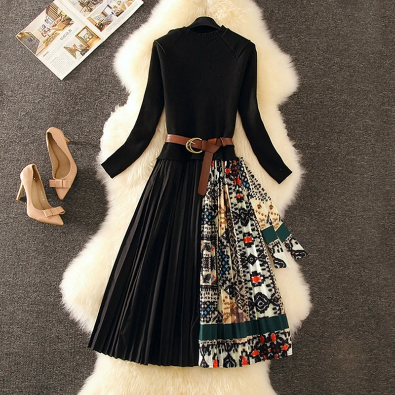 

Autumn Winter High quality Elegant Sweater Dress Knitted Long Sleeve Women Dress printing Pleated Patchwork Office work Dress