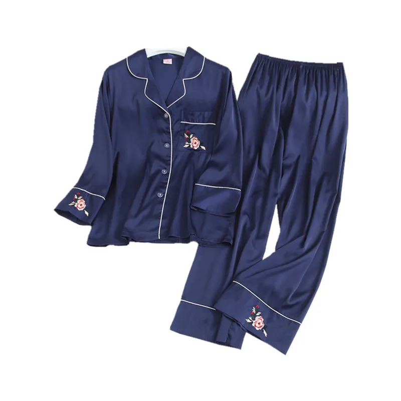 

Autumn 2PCS Women Pajamas Set Flower Embroidery Turn-down Collar Shirt&Pant Home Wear Pink Satin Nightwear Long Sleeve Sleepwear
