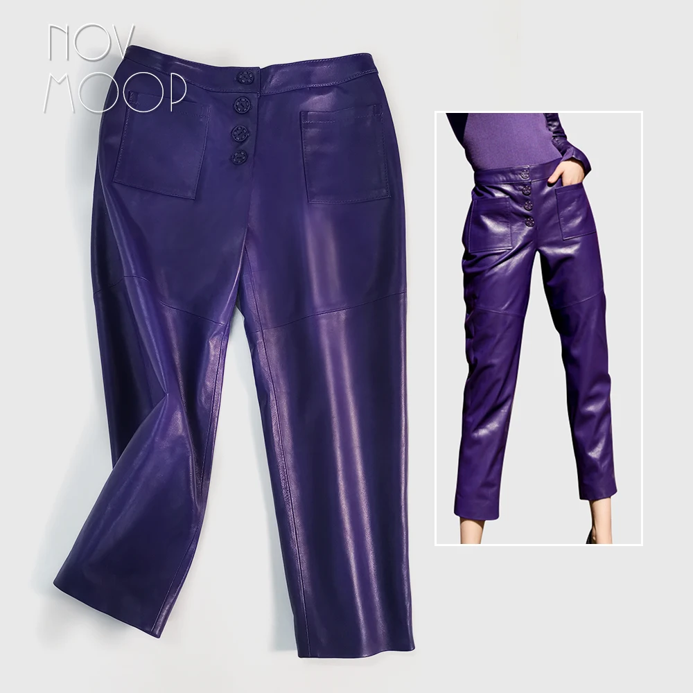 

Novmoop Streetwear style button decoration sheepskin genuine leather pencil pants women winter trousers spodnie damskie LT2920