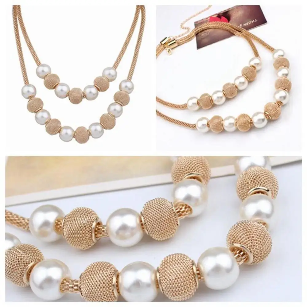 

Fashion Women Gold Color Double Layer Round Beads Jewelry Choker Necklace