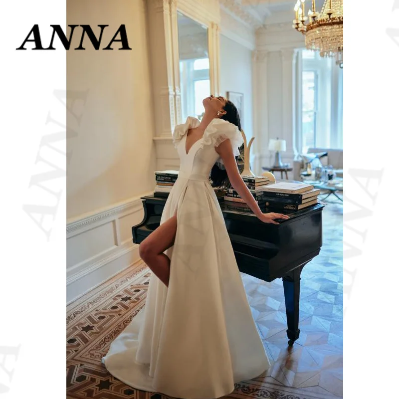 

Anna Beauty Wedding Dress 2022 Elegant V-Neck Satin Beach Party Bridal Gown Simple Split Vestido De Noiva Civil Women Skirt