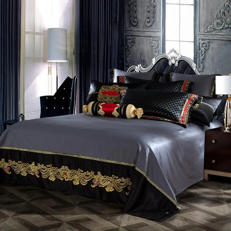 

Blue Black Silk Satin Luxury Royal Bedding set Queen King size Bed set Bed/Flat sheet Bed spread set Pillowcase Duvet cover