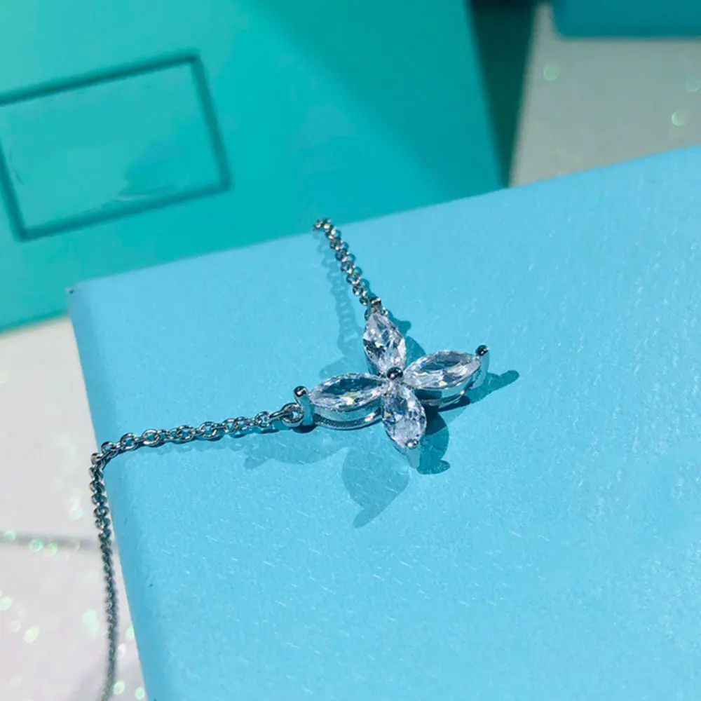 

AYBS Real 925 Necklaces High Quality TIFN Original 1: 1 "Four Shining Petal Pendant Logo" Necklaces Woman