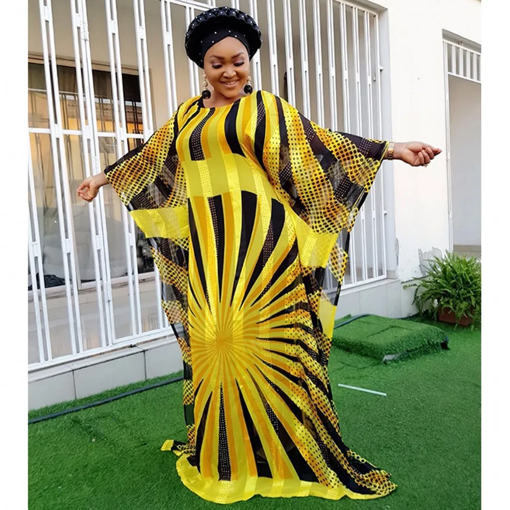 

2021 New African Gown Large Size Loose Dress Elegant Temperament Ethnic Dress Pearl Chiffon Print + Long Skirt Dance Dress