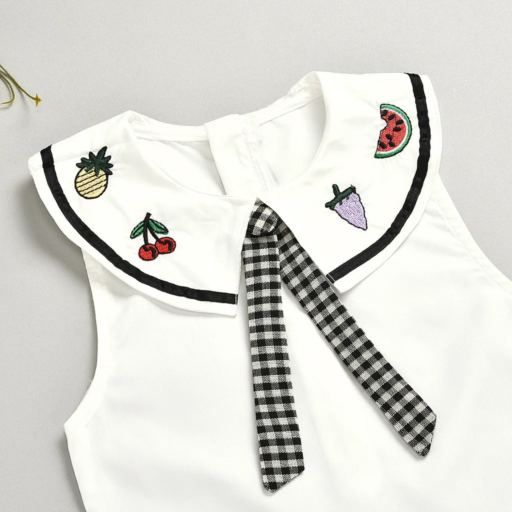

12M-5Y Kids Toddler Baby Girls Korean Version Sleeveless Doll Collar Fruit Print Tops Ruffle Plaid Skirt Outfits Clothes Set 5*
