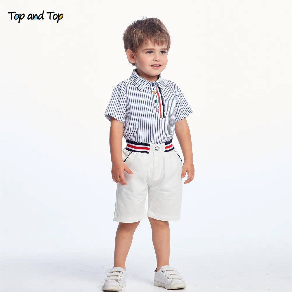 Топ и топ летний модный детский костюм для мальчиков блузка в полоску с коротким