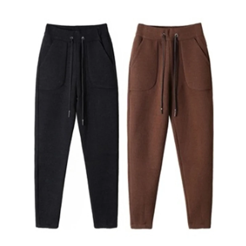 

Winter Warm Women Woolen Harem Pants 2021 Autumn Thick Drawstring Elastic Waist Loose Sweatpants Women's Wool Nine Trousers